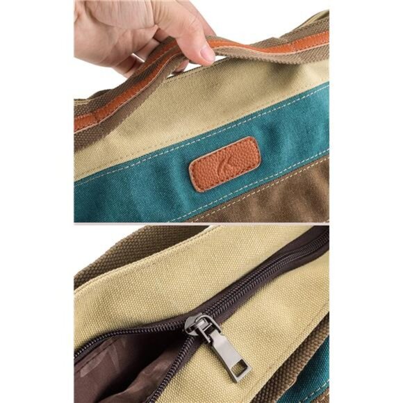 Canvas Handbag Multi-Color Striped Lattice Cross Body Shoulder Purse Bag Tote - Picture 5 of 8